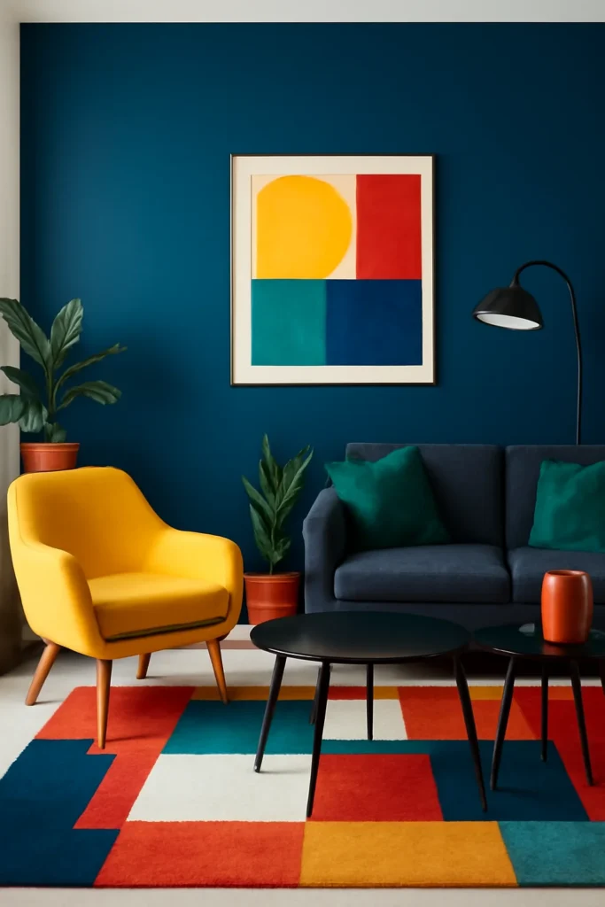 living room with navy blue accent wall