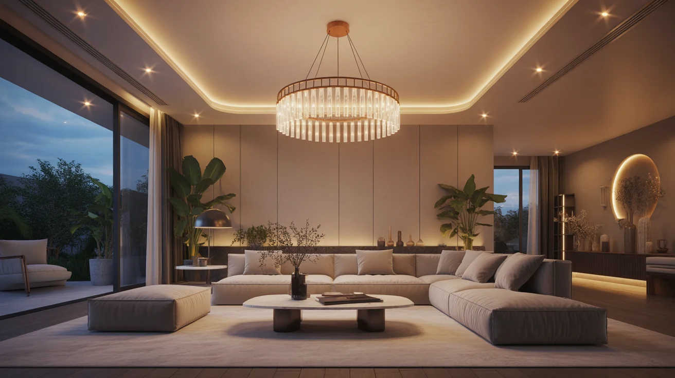 luxurious and cozy modern living room with a combination of ceiling lighting