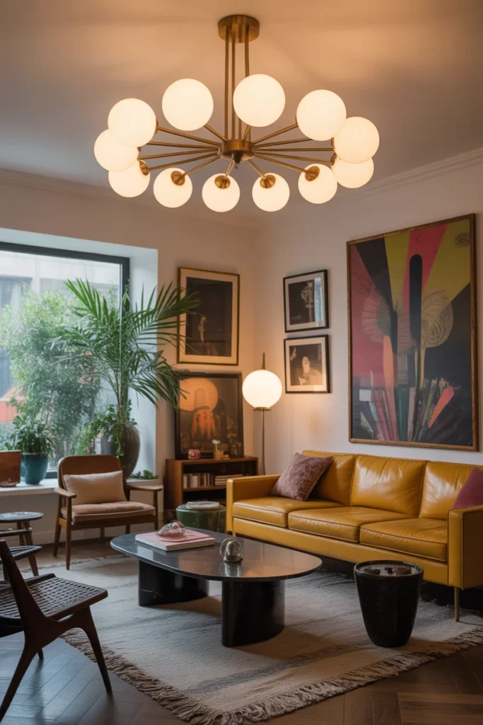 30+ Gorgeous Living Room Ceiling Lighting Ideas for Modern & Classic Homes 2 mid century modern chandelier with brass arms