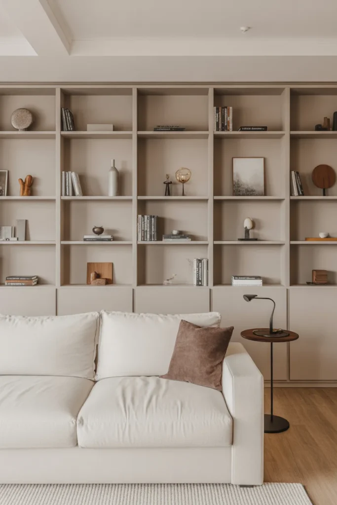 17 minimalist living room with open shelvin