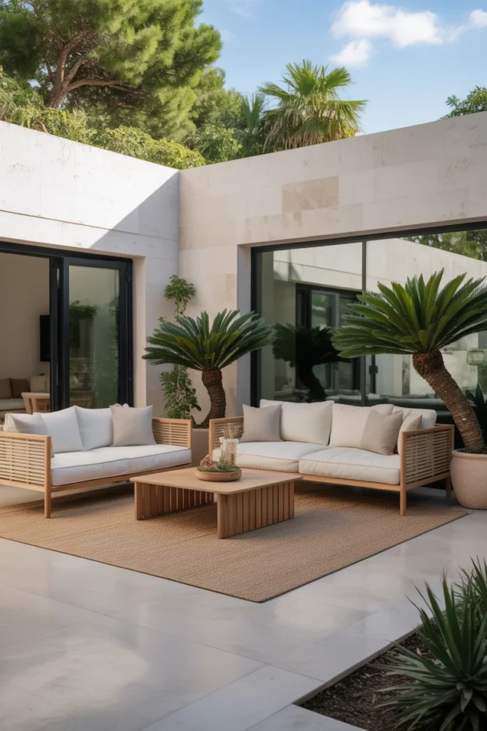 20+ Inspiring Patio Ideas for a Cozy Outdoor Space 4 minimalist patio with clean lines and neutral toned furniture