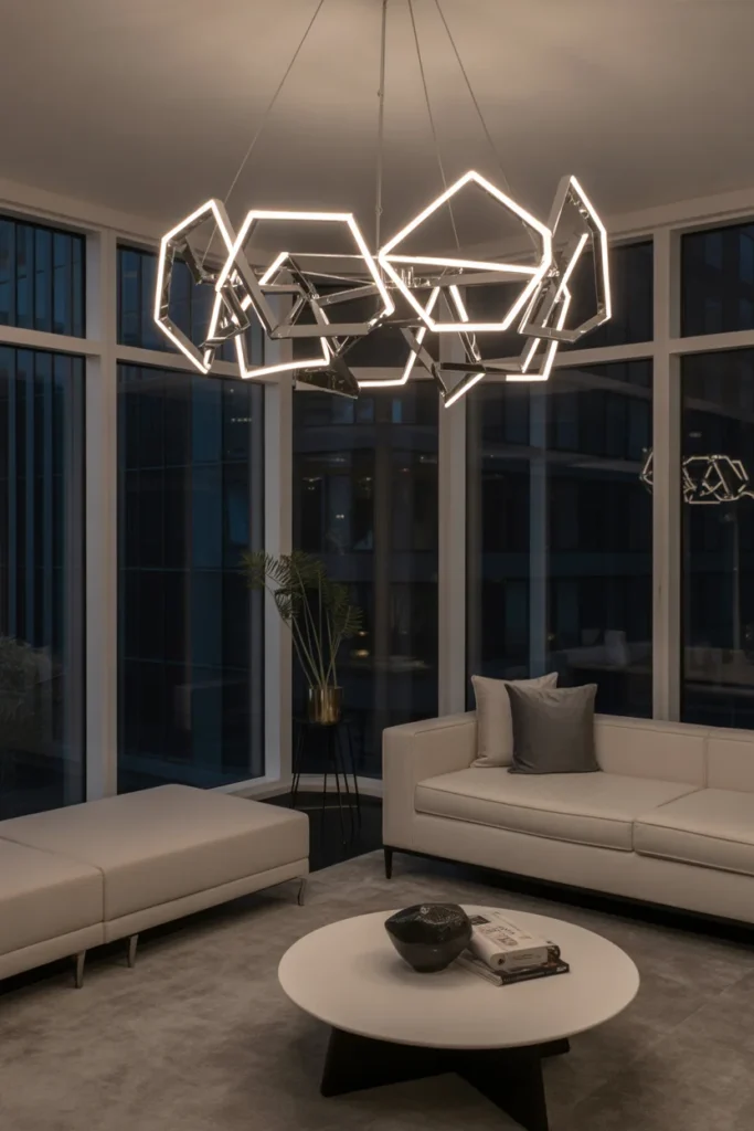 30+ Gorgeous Living Room Ceiling Lighting Ideas for Modern & Classic Homes 5 modern living room with a polished chrome chandelier