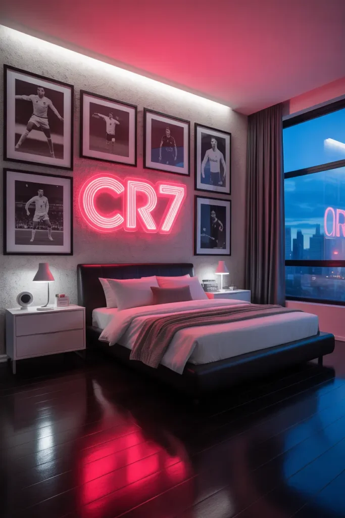 20 Unique Cristiano Ronaldo Fan Bedroom Decor Ideas for Ultimate Football Enthusiasts 8 neon sign that says CR7