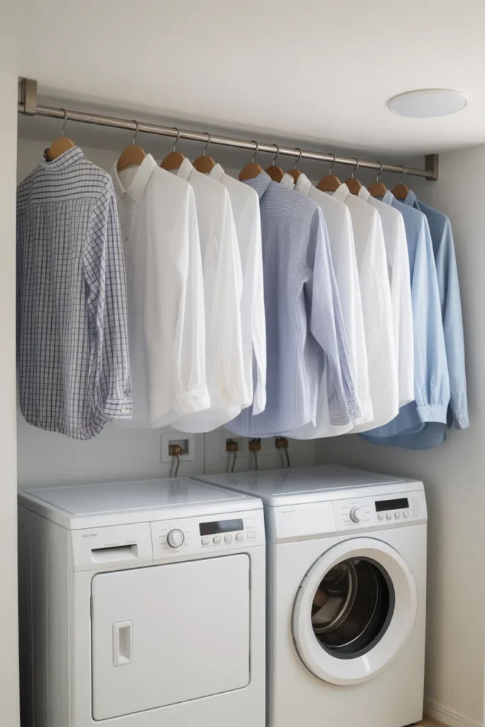 15 Small Laundry Room Ideas for 2026: Maximize Style and Function in Minimal Space 10 overhead hanging rod ceiling mounted hang