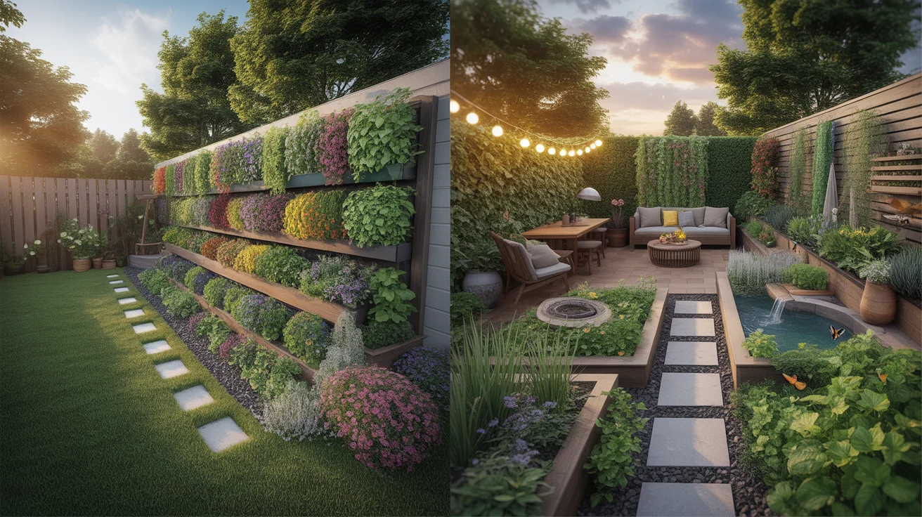 panoramic view of a transformed small backyard garden