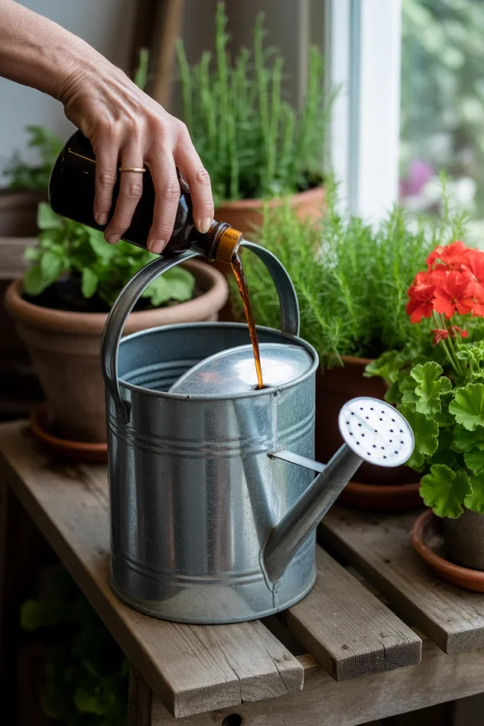 Grow Garlic in Containers: Easy Step-by-Step Guide 7 pouring a stream of dark liquid fertilizer into a vintage