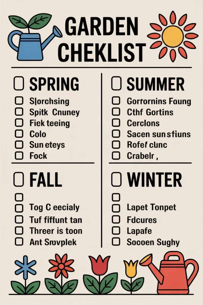 14 Low-Maintenance Garden Ideas to Save Time & Conserve Water 14 printable Gardening checklist graphic