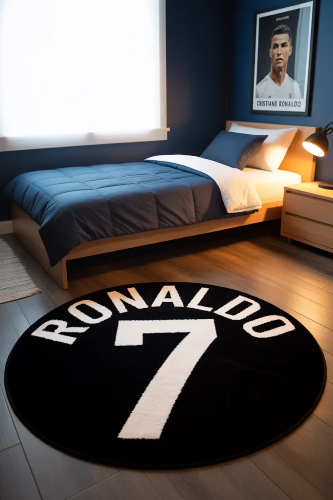 20 Unique Cristiano Ronaldo Fan Bedroom Decor Ideas for Ultimate Football Enthusiasts 6 rug featuring Ronaldos number or a soccer ball design
