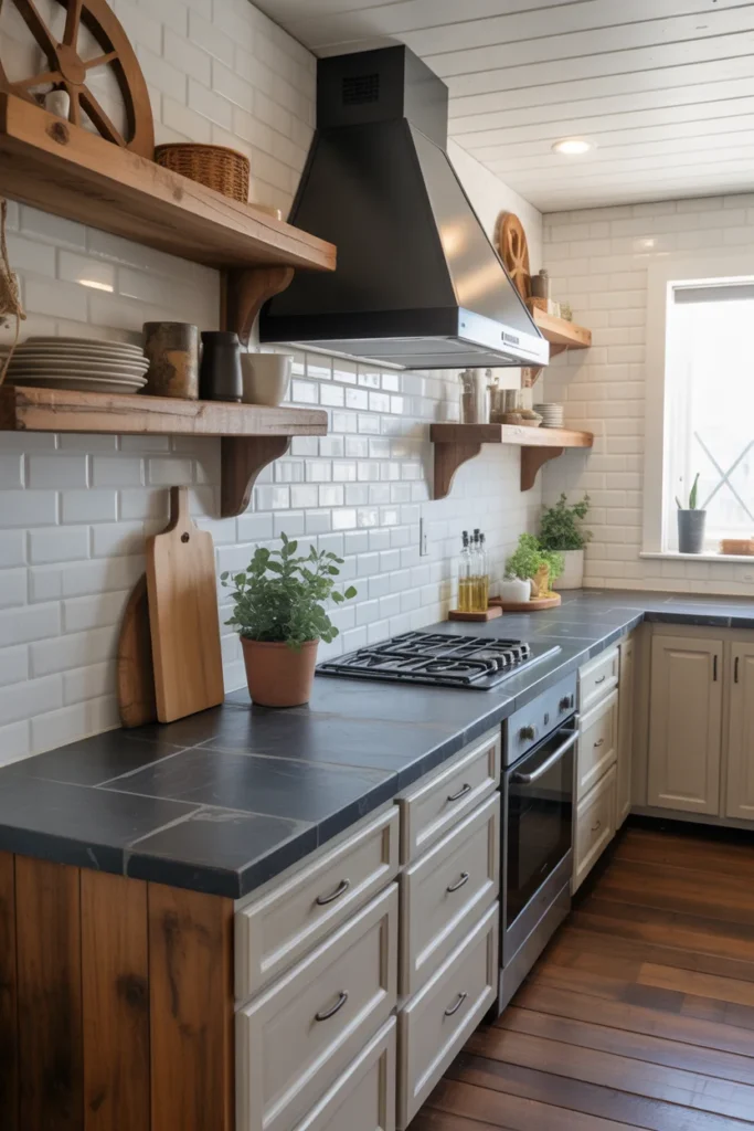 20 Rustic Farmhouse Kitchen with Natural Stone and Wooden Accents 18 slate countertops with rustic wood