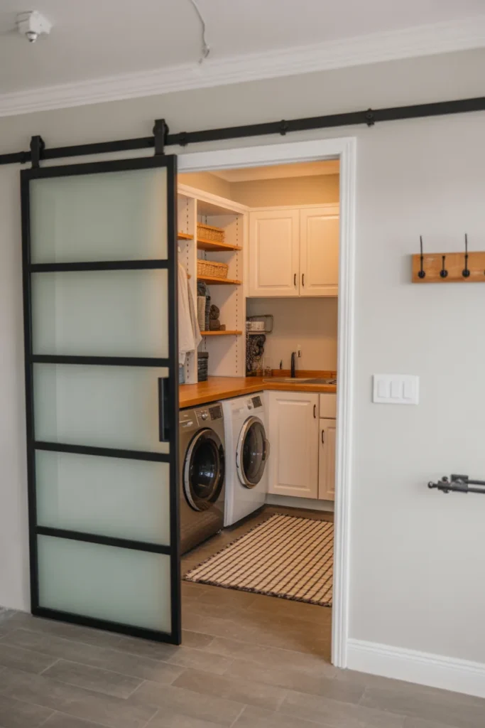 15 Small Laundry Room Ideas for 2026: Maximize Style and Function in Minimal Space 7 sliding barn door frosted glass sliding