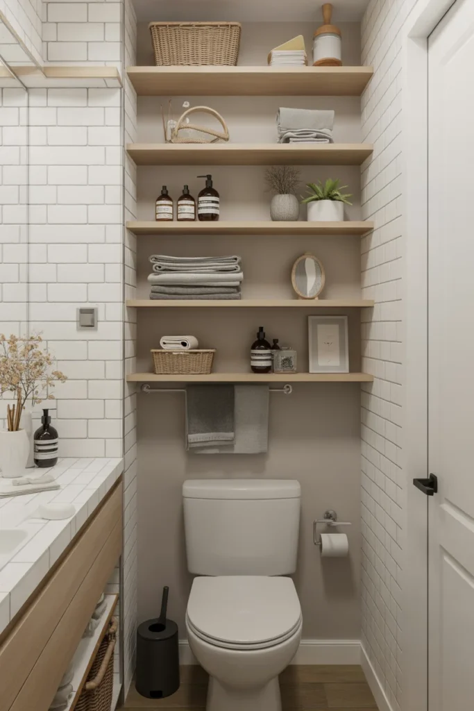 small bathroom with vertical shelving units