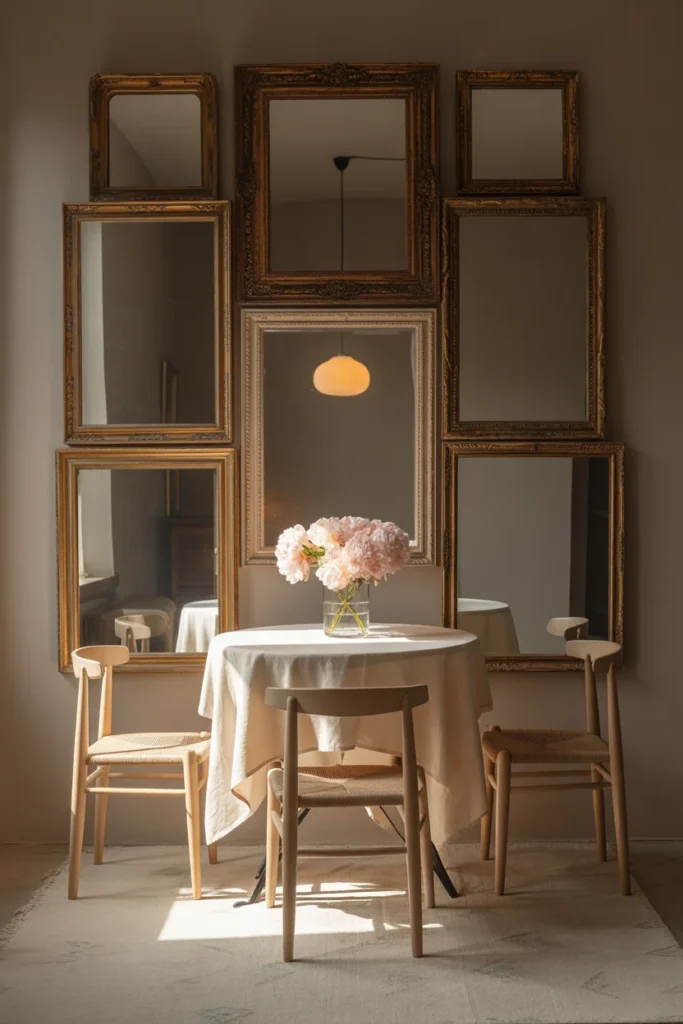 25 Modern Small Dining Room Ideas for 2026 | Stylish & Space-Saving Solutions 7 small dining room featuring a wall of framed mirrors