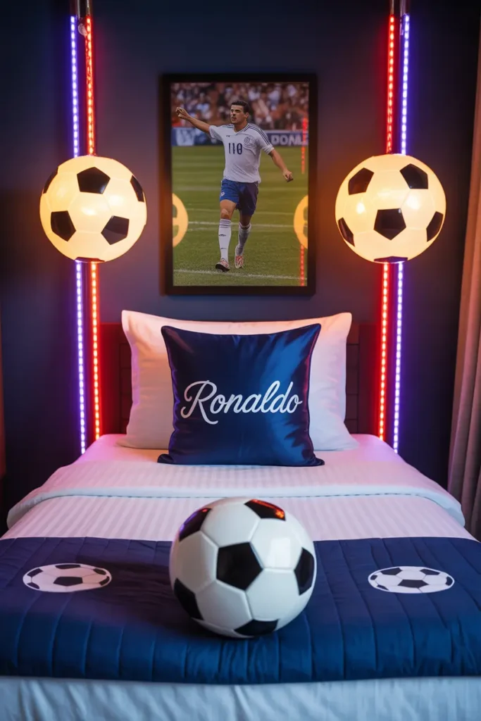 20 Unique Cristiano Ronaldo Fan Bedroom Decor Ideas for Ultimate Football Enthusiasts 7 soccer themed bedroom with football shaped light fixtures