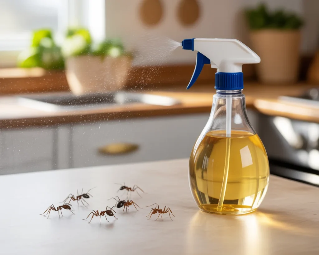 7 Proven Ways to Get Rid of Kitchen Ants Fast – Say Goodbye to Ants Today 4 spray bottle filled with a vinegar and water solution
