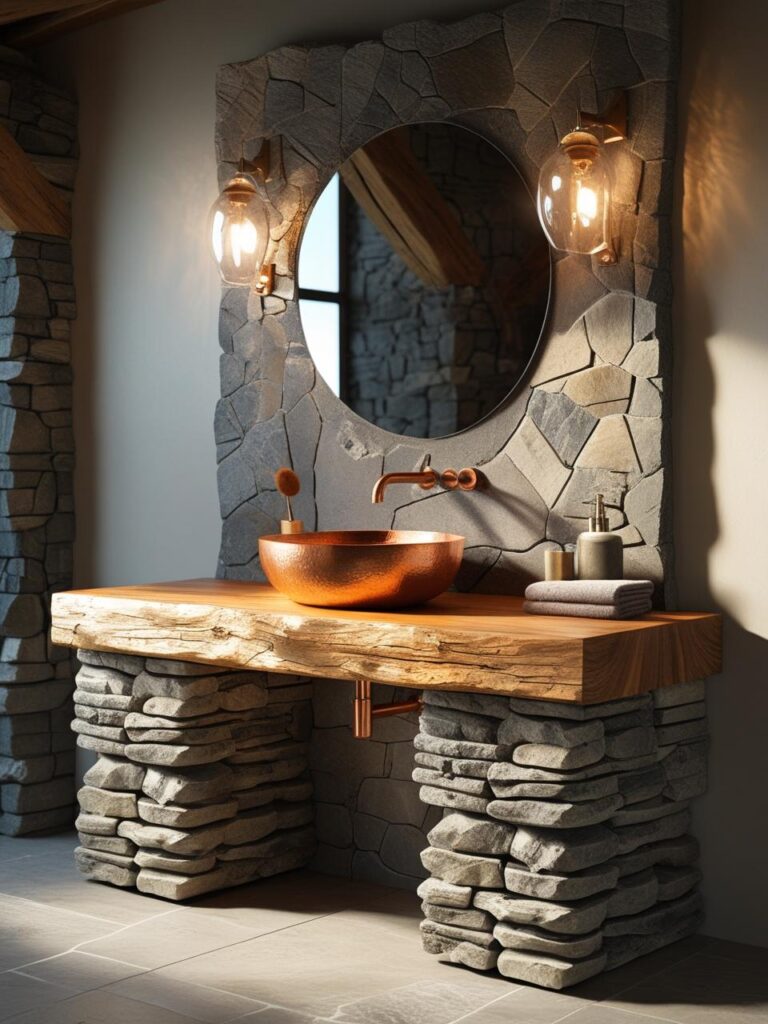 15+ Best Rustic Vanity Ideas to Create Your Perfect Bathroom 9 stone and timber vanity