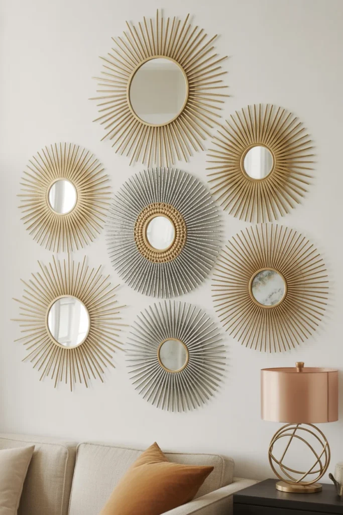 17+ Stunning Mirror Wall Decor Ideas: Transform Your Space with Reflective Style 4 sunburst mirrors