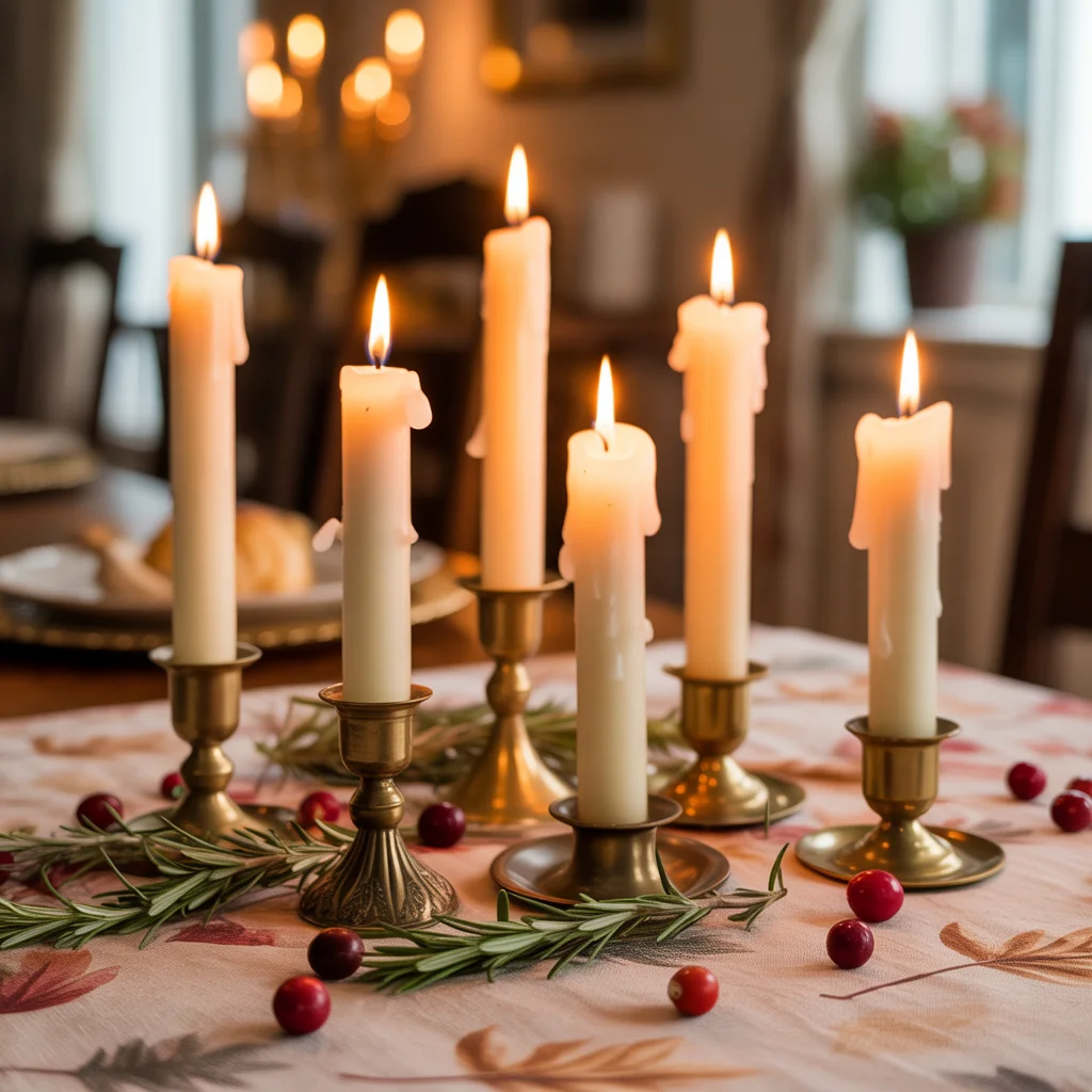 25 Easy Thanksgiving Table Decor Ideas Anyone Can Try 6 table set with several tall pillar candles