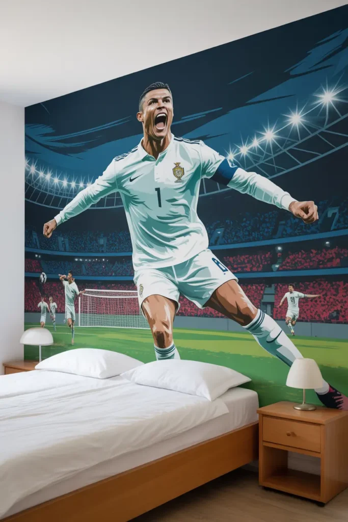 20 Unique Cristiano Ronaldo Fan Bedroom Decor Ideas for Ultimate Football Enthusiasts 2 wall mural of ronaldo in action