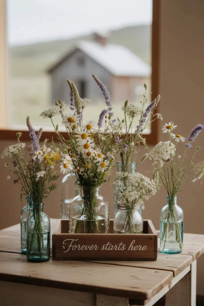 30 Simple Outdoor Wedding Decor Ideas for 2025 19 wildflowers in vintage bottles