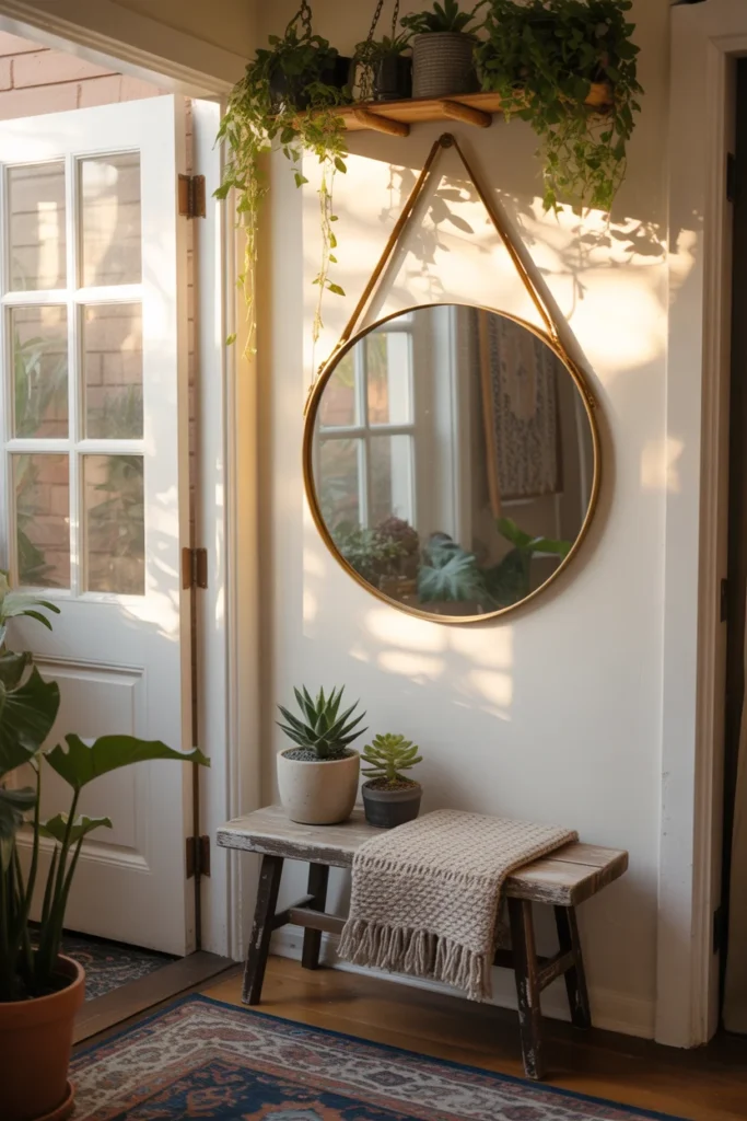 Affordable Home Decor Hacks 2025: Easy Ways to Transform Your Space on a Budget 9 A bohemian entryway with a round gold mirror