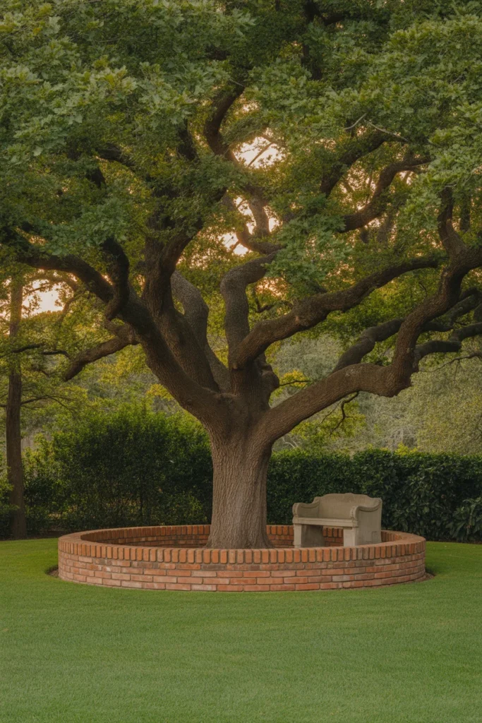 A classic garden tree ring edged with red bricks
