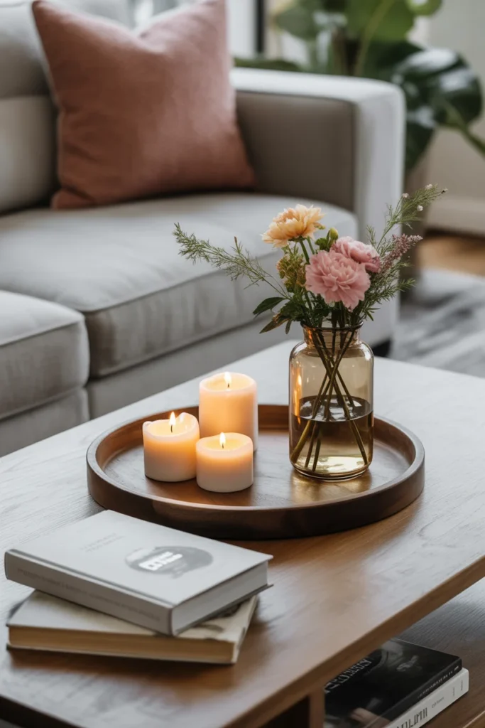 Affordable Home Decor Hacks 2025: Easy Ways to Transform Your Space on a Budget 10 A coffee table styled with a wooden tray holding candles