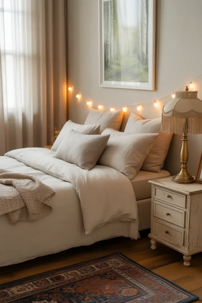 Affordable Home Decor Hacks 2025: Easy Ways to Transform Your Space on a Budget 5 A cozy bedroom with warm string lights above the bed