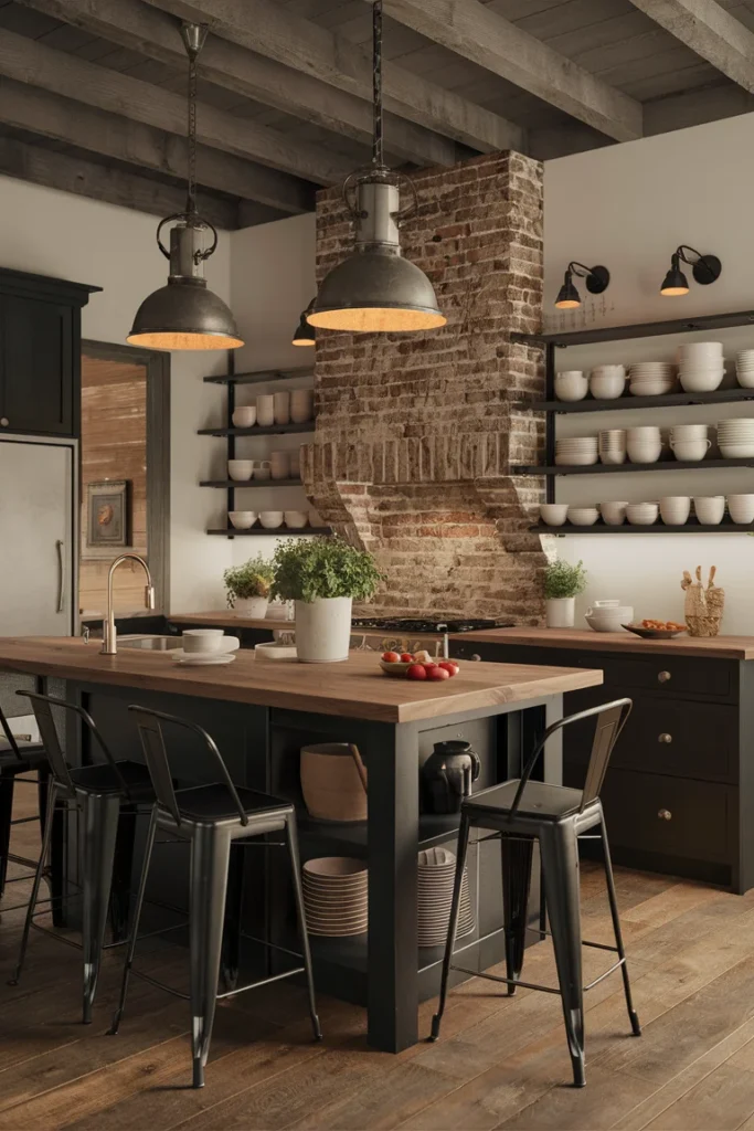 Industrial Kitchen with Wood Island and Brick Wall: Stylish & Functional Design Ideas 6 A cozy industrial kitchen scene with a dark stained wood island