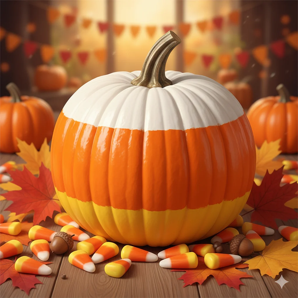 10 Fun And Easy Pumpkin Painting Ideas for Kids 9 A festive painted pumpkin striped like candy corn