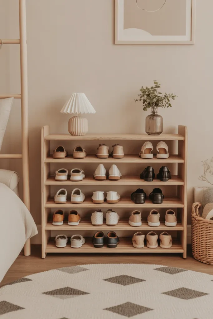 Top 10 Shoe Racks for Kids’ Shoes: Fun, Functional, and Perfect for Any Room 7 A minimalist wooden shoe rack for kids
