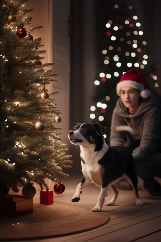 Christmas Tree Safety Tips for Pets You’ll Wish You Knew Sooner 8 A playful dog cautiously approaching a Christmas tree