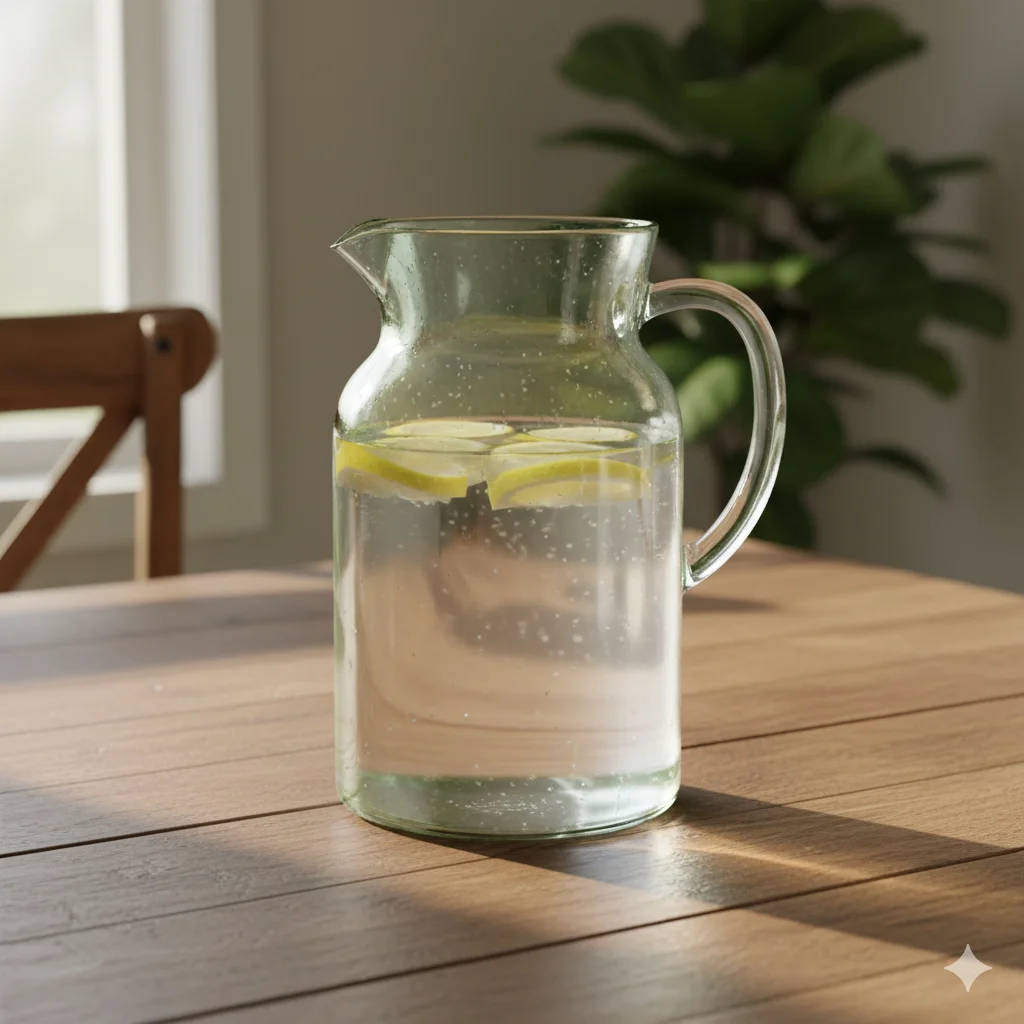 15 Eco- Friendly Home Accessories That Upgrade Any Home 14 A recycled glass water pitcher with slight green tint