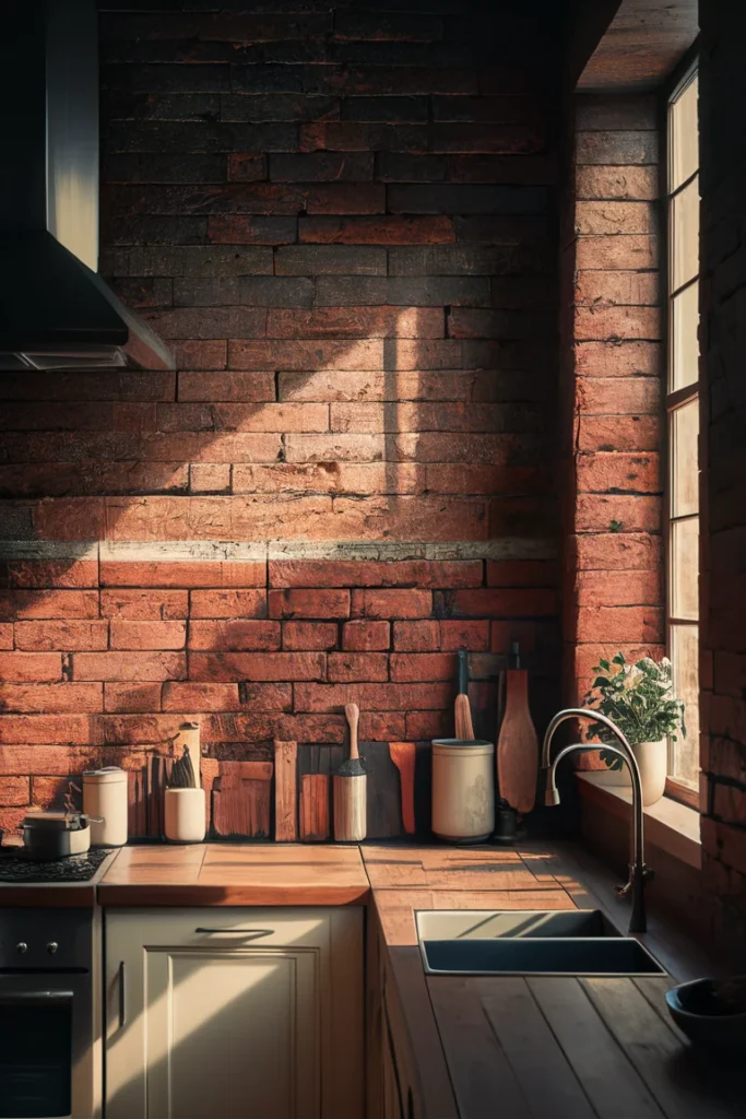 Industrial Kitchen with Wood Island and Brick Wall: Stylish & Functional Design Ideas 4 A rustic exposed brick wall in a kitchen