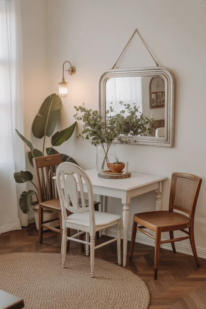 Affordable Home Decor Hacks 2025: Easy Ways to Transform Your Space on a Budget 6 A small dining table painted white with mismatched vintage chairs