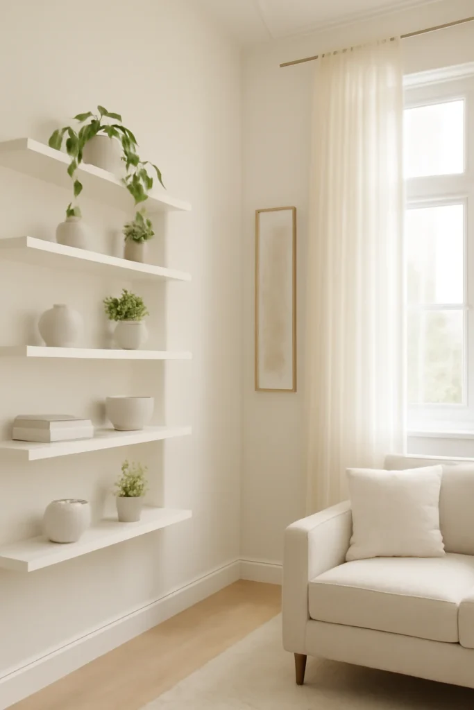7 Tricks to Make a Small Living Room Look Bigger Instantly 5 A small living room with tall white floating shelves