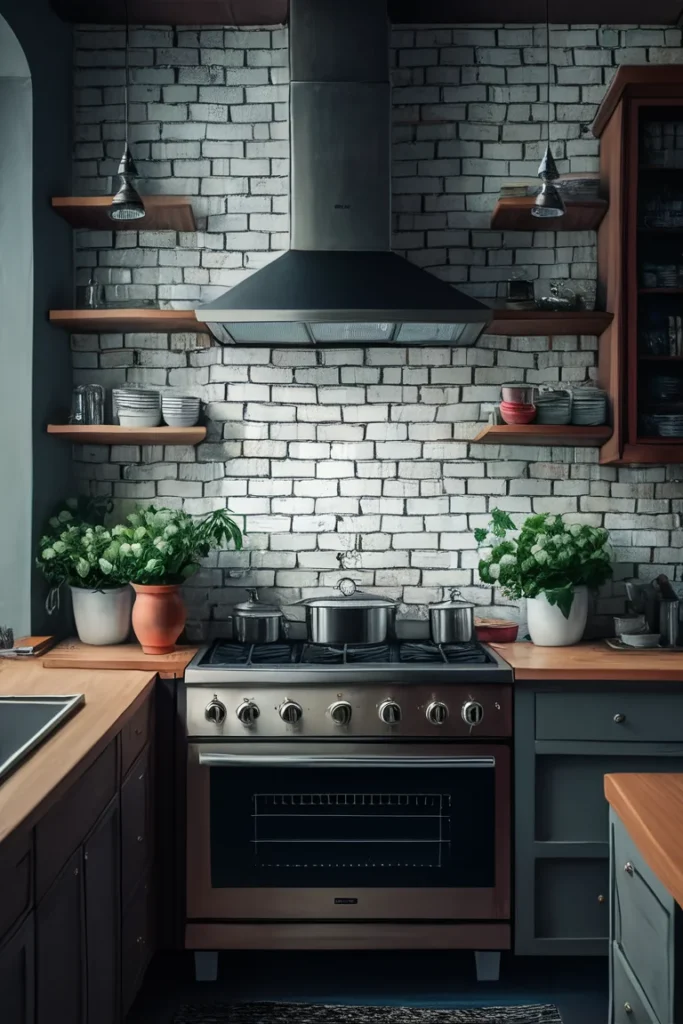 Industrial Kitchen with Wood Island and Brick Wall: Stylish & Functional Design Ideas 5 A stylish kitchen backsplash made of whitewashed brick