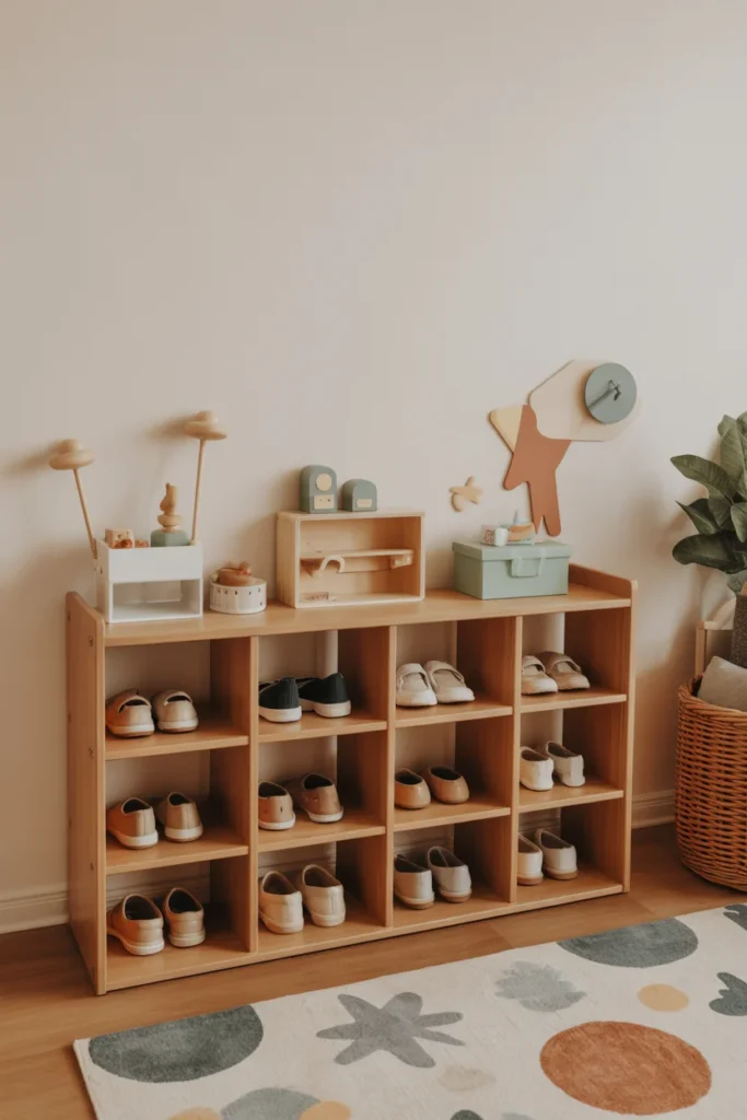 Top 10 Shoe Racks for Kids’ Shoes: Fun, Functional, and Perfect for Any Room 3 A wooden cubby style shoe rack