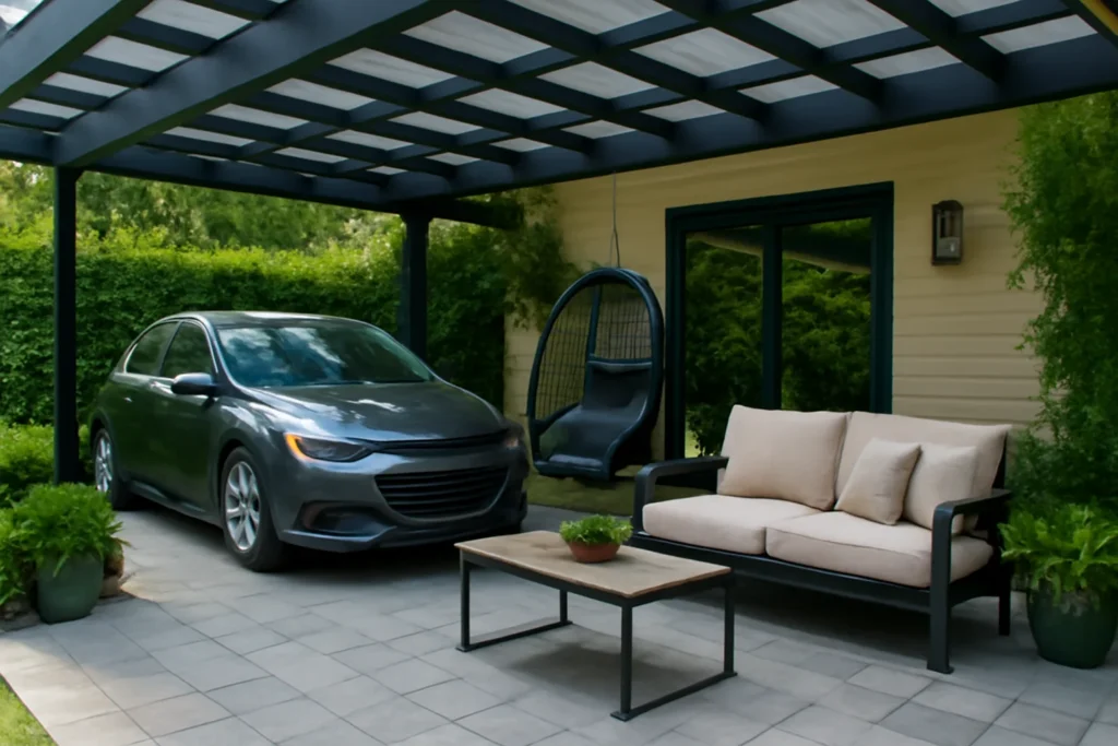 10 Beautiful Car Porch Setup Ideas for a Stylish and Functional Space 2 Add a Cozy Outdoor Lounge
