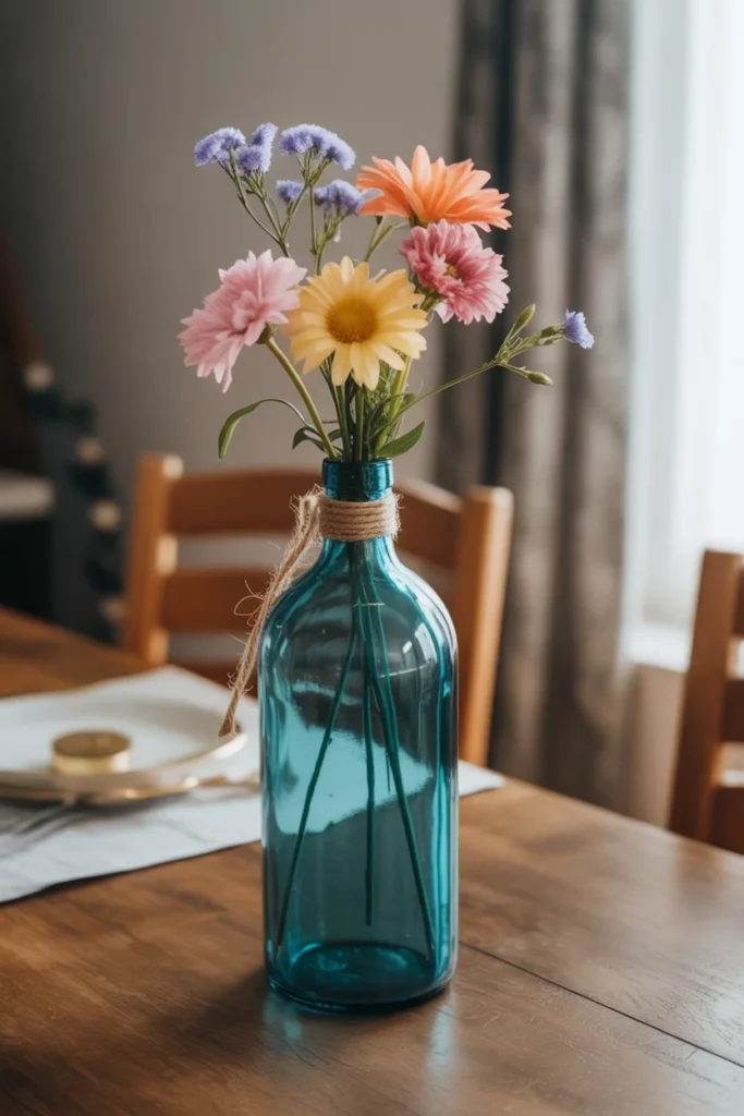 15 Creative DIY Recycled Bottle Decorations for Your Home 2 An old glass bottle painted in bright teal with colorful flowers inside