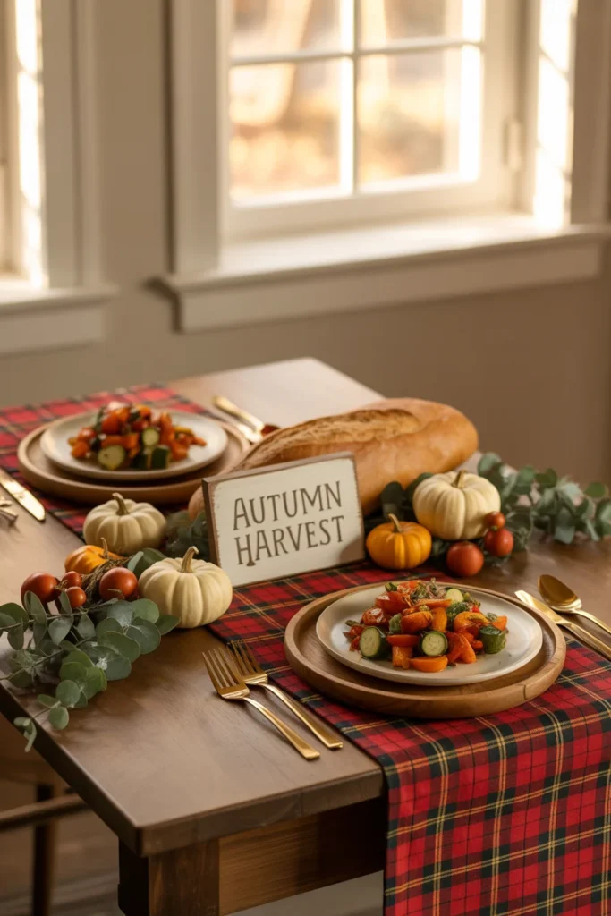 Fall DIY Home Decor Ideas to Warm Up Your Space 7 Autumn dinner table setup with a plaid table runner