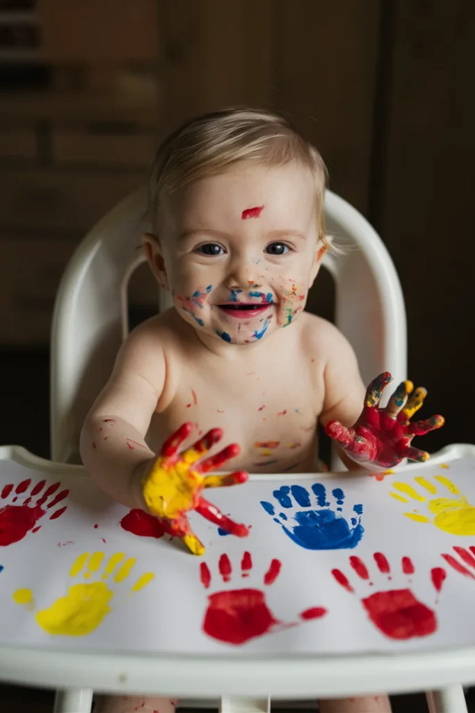 12+ Creative Baby Painting Ideas to Try at Home 2 Baby sitting in a high chair covered in finger paint
