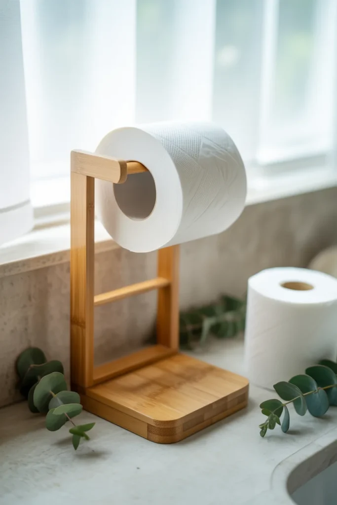 Bamboo standing toilet paper holder