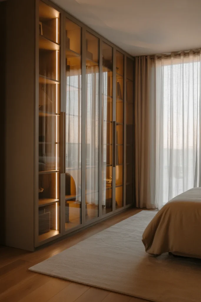 Top 10 Bedroom Cupboard Designs: Stylish, Functional, and Modern Ideas 7 Bedroom with glass door cupboards LED lights inside shelves
