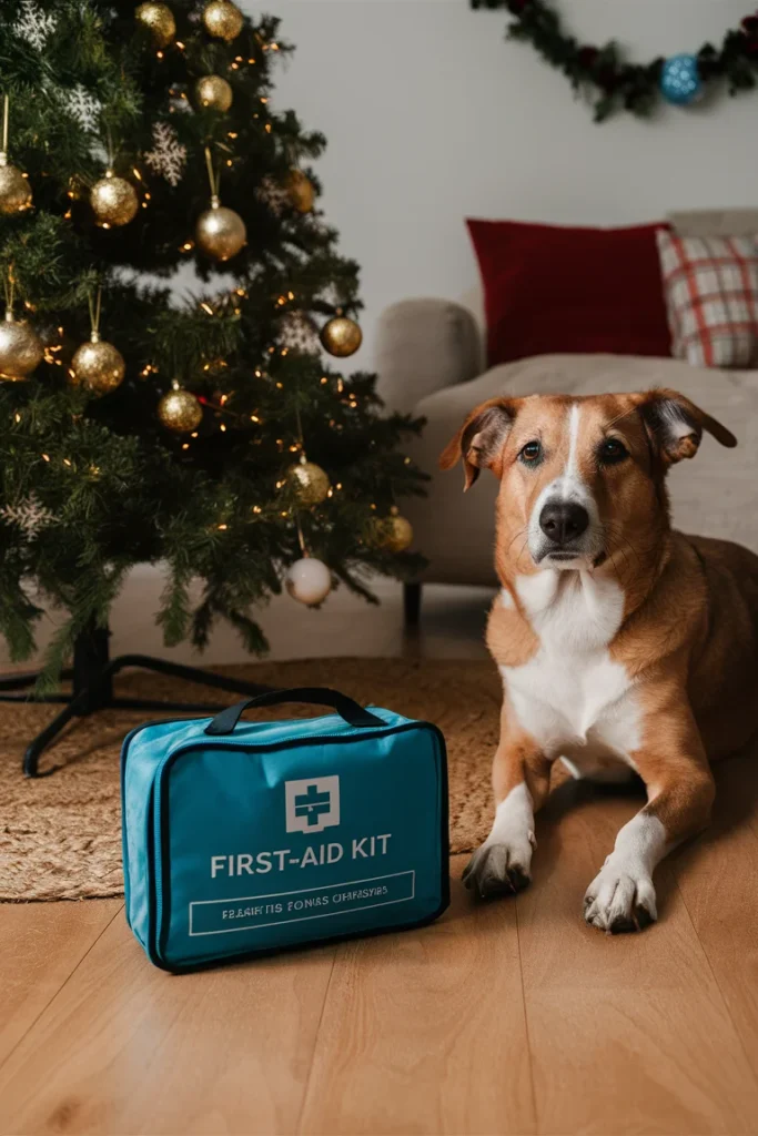 Christmas Tree Safety Tips for Pets You’ll Wish You Knew Sooner 12 Christmas scene with a pet first aid kit