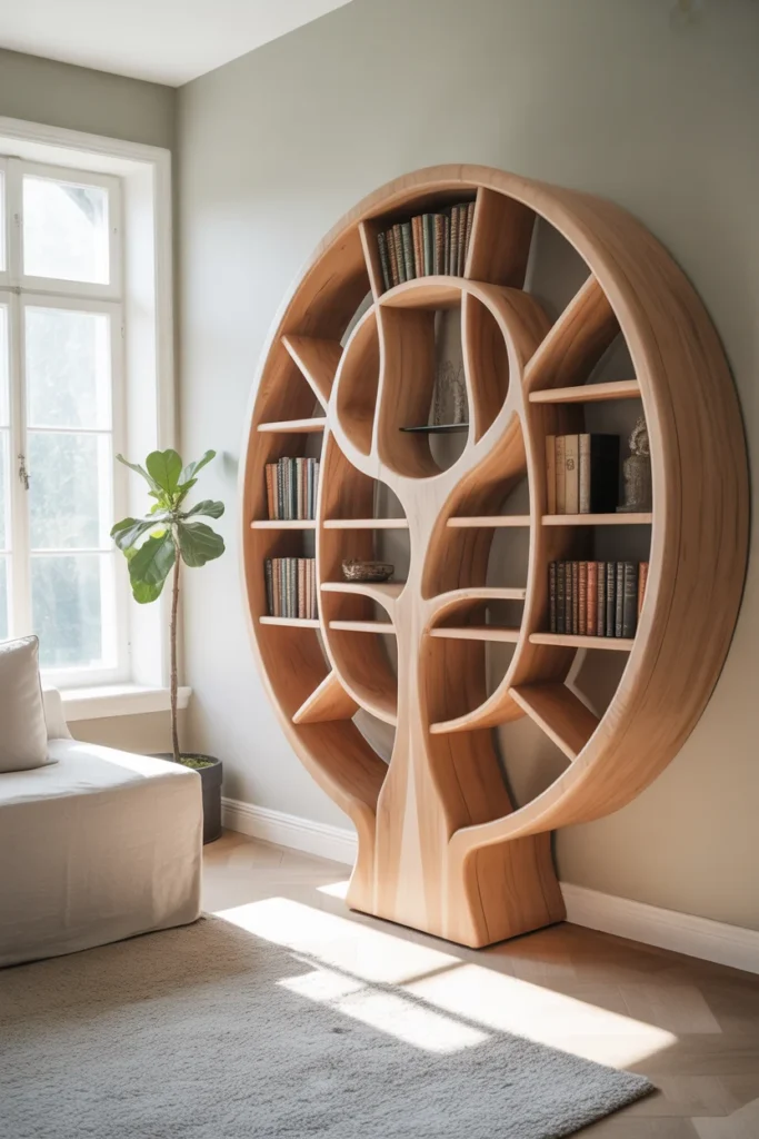 10 Modern Tree Bookshelf Wall Ideas for Cozy Scandinavian Living Rooms | Unique & Functional Design 5 Circular tree bookshelf