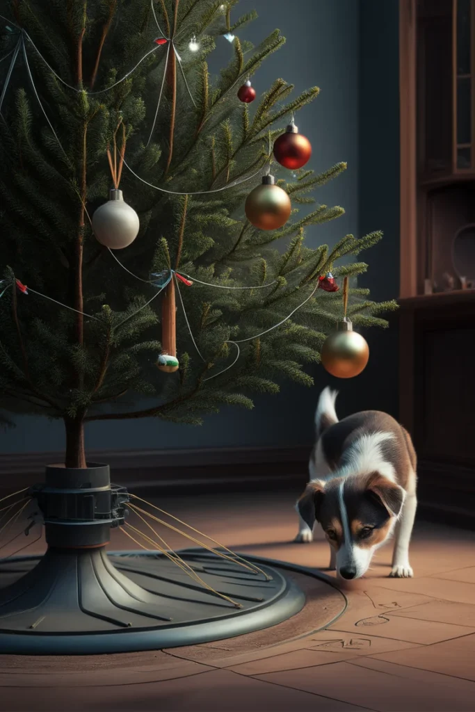 Christmas Tree Safety Tips for Pets You’ll Wish You Knew Sooner 3 Close up of a Christmas tree stand anchored with invisible wires