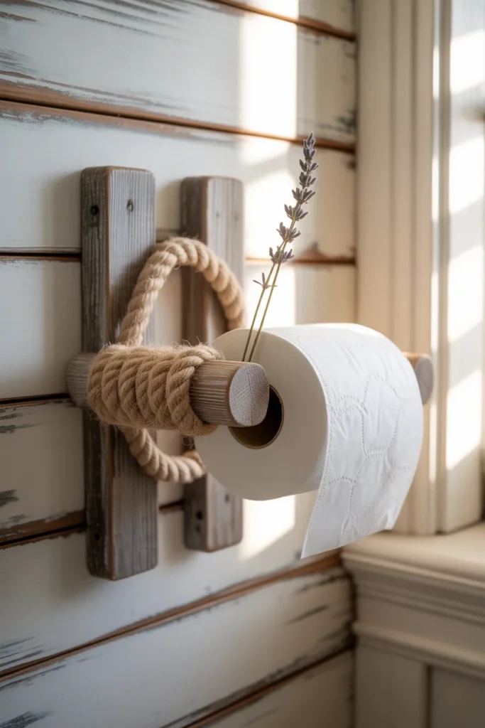 Coastal rope and reclaimed wood toilet paper holder