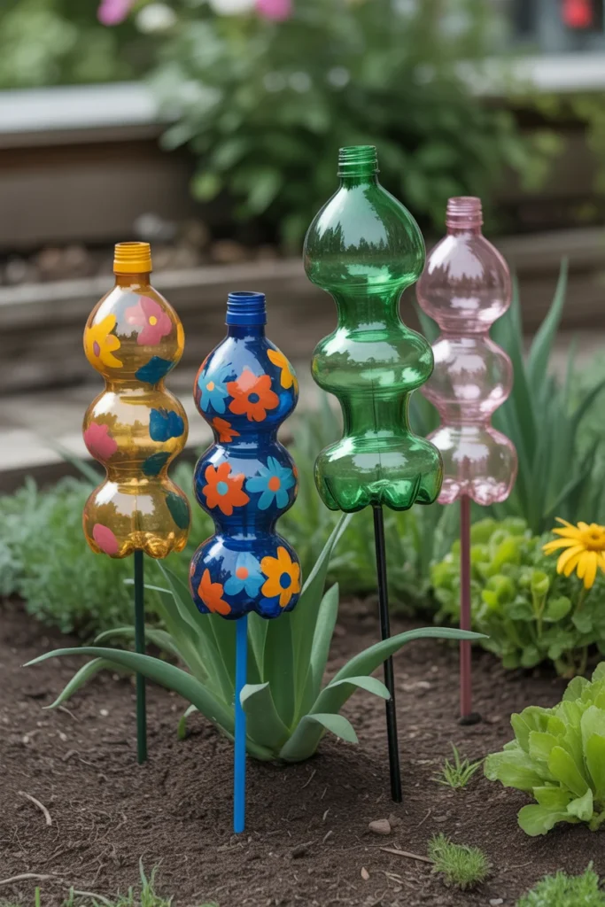15 Creative DIY Recycled Bottle Decorations for Your Home 15 Colorful recycled bottles used as garden stakes