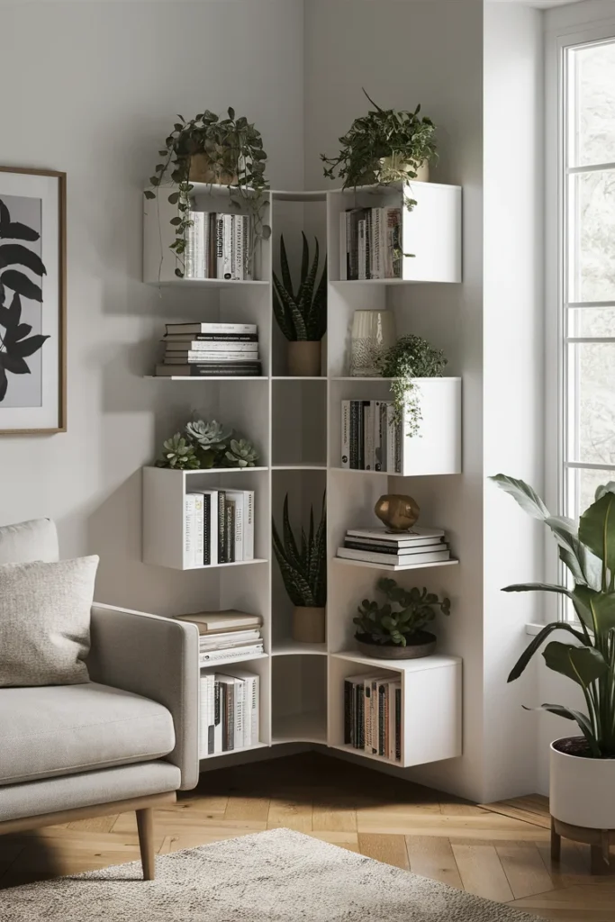 10 Modern Corner Bookshelf with Plants and Books for Your Living Room 10 Compact Bookshelf with Built In Planter Boxes
