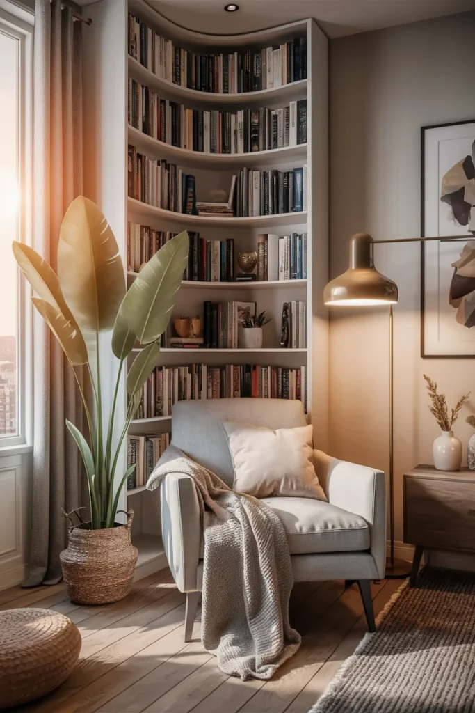 10 Modern Corner Bookshelf with Plants and Books for Your Living Room 11 Cozy Reading Nook with Corner Bookshelf